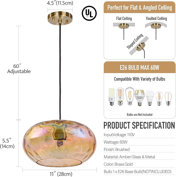 Amber Glass Pendant Lighting, 11" Hammered Lampshade Hanging Lamp, 1-Light Brass Gold Chandelier for Dining Living Room Kitchen Island