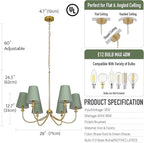 Gold Chandelier, Brushed Brass with Green Fabric Shade, 6-Light 28" Modern Farmhouse Linear Pendant Lighting Fixture for Dining Living Room Kitchen Island Bedroom