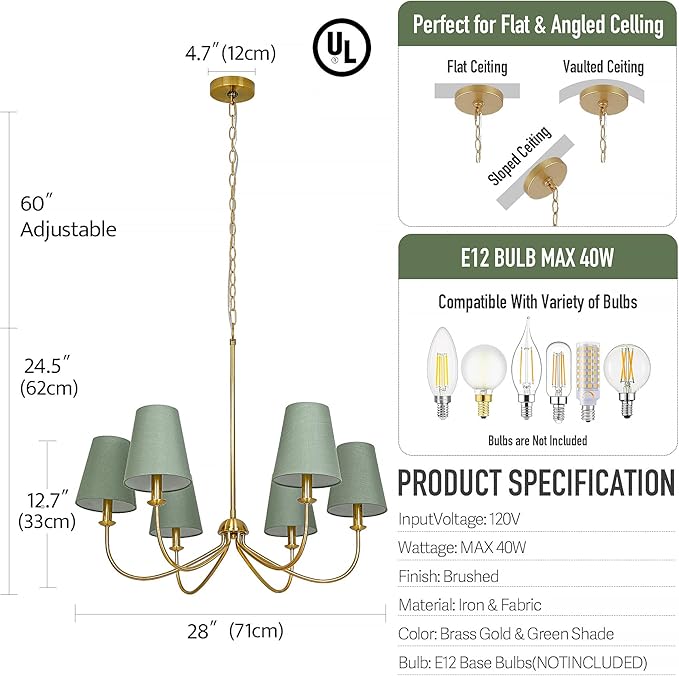Gold Chandelier, Brushed Brass with Green Fabric Shade, 6-Light 28" Modern Farmhouse Linear Pendant Lighting Fixture for Dining Living Room Kitchen Island Bedroom