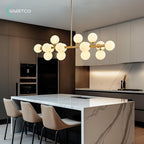 16-Light Globe Sputnik Chandelier, Mid Century Modern Light Fixture Over Table, Brass Gold Linear Chandeliers for Dining Room and Kitchen Island (Milk White Glass Bubble Shades, 40 Inch)