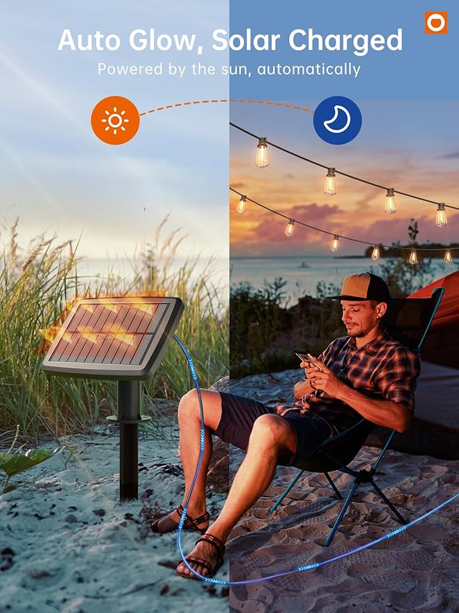 addlon 54FT(48+6) Solar String Lights Outdoor Waterproof with USB Port & Remote Control Dimmable Solar Patio Lights IP65 Solar Powered Edison LED Bulbs for Outside Bistro Camping