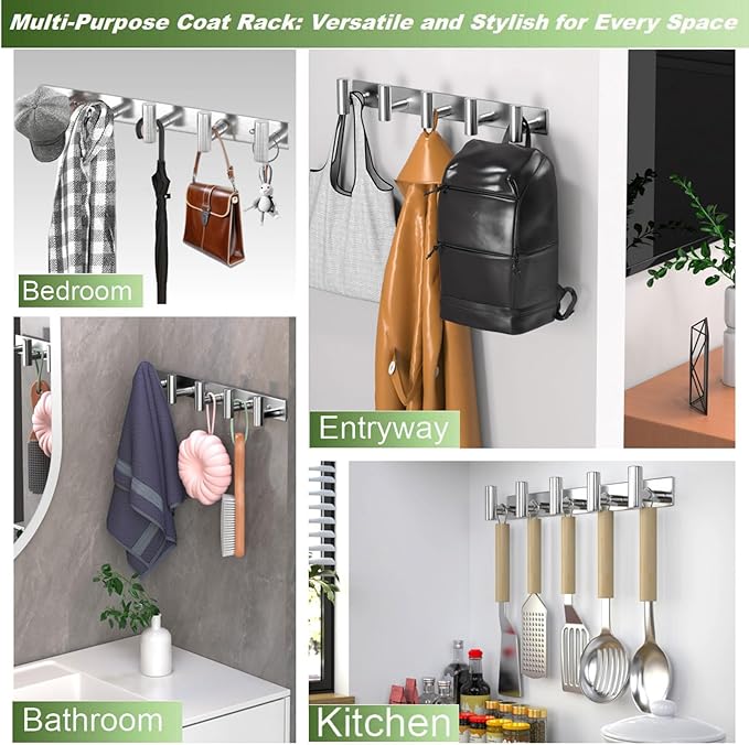 Wall Mounted Coat Rack-5 Hooks, Heavy Duty Stainless Steel Wall Hooks for Towel Coat Bag, Hat Rack Coat Hanger Coat Hooks Towel Racks for Bathroom Entryway Kitchen Hotel (Silvery, 1 Pack)