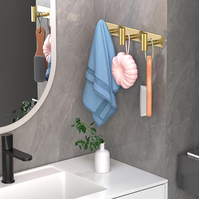 Wall Mounted Coat Rack-3 Hooks, Heavy Duty Stainless Steel Wall Hooks for Towel Coat Bag, Hat Rack Coat Hanger Coat Hooks Towel Racks for Bathroom Entryway Kitchen Hotel Office (Gold,1 Pack)