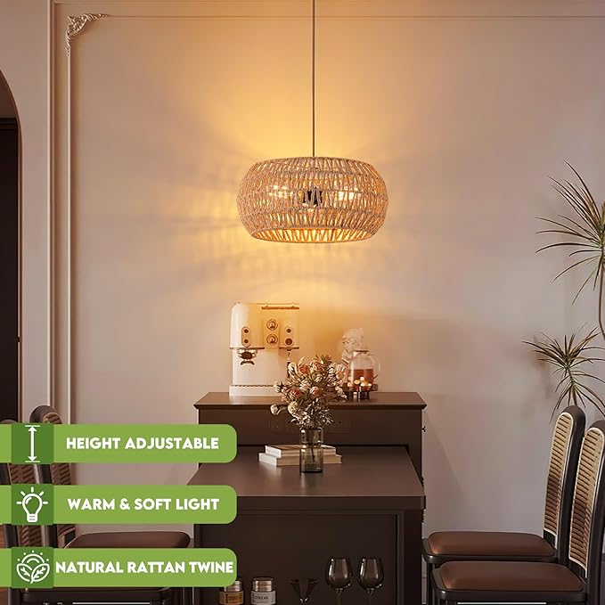 Rattan Light Fixture Dinning Room Pendant Light Boho Chandelier Hanging Light Ceiling Mount Hand Woven Lamp Shade 3-light Drum Chandelier Basket Light for Bedroom Hallway Kitchen Island Light Fixture