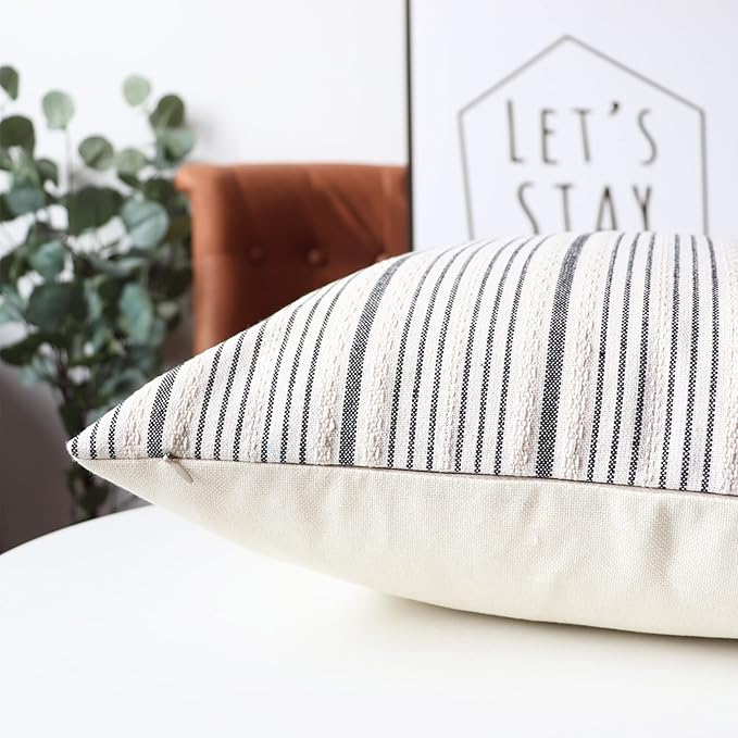 Black Lumbar Pillow Covers Farmhouse Linen Throw Pillow Covers Pack of 2 Striped Outdoor Decorative Throw Pillows for Couch Sofa Bed 12 x 20IN Black and Cream