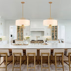 Drum Chandelier, 17.71” Gold Chandelier Farmhouse Pendant Light Fixture 4-Light with White Linen Shade, Adjustable Height Chandeliers for Dining Room Kitchen Living Room Bedroom, UL-Listed