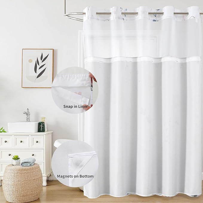 QiyI Flower Shower Curtain with Snap in Fabric Liner, Blue Watercolor Floral Cloth Bath Curtains, No Hook Shower Curtains with Mesh Top Window, Fabric Waterproof Bathroom Curtain Set, 72 x 87 Inch