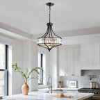 XINGQI Crystal Chandeliers for Dining Room,Modern Black Chandelier,Metal Round Shade Farmhouse 4-Light Rustic Pendant Lighting Fixtures for Hallway Bedroom Foyer