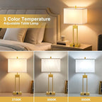 GyroVu 25.5" Nightstand Table Lamps for Bedrooms Set of 2, Bedside Lamp with USB C+A, 3 Colors Changeable Living Room Lamp, Modern Night Stand Lamps for Bed Side Guest Room Reading, Gold+White Shade