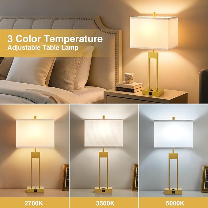 GyroVu 25.5" Nightstand Table Lamps for Bedrooms Set of 2, Bedside Lamp with USB C+A, 3 Colors Changeable Living Room Lamp, Modern Night Stand Lamps for Bed Side Guest Room Reading, Gold+White Shade