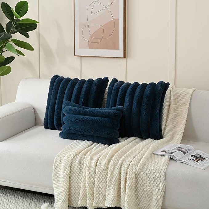 FUTEI Navy Blue Decorative Throw Pillow Covers 26x26 Inch Set of 2, Square Soft Faux Rabbit Fur Big Striped Pillow Sham,Home Decor for Couch Sofa Bed Living Room