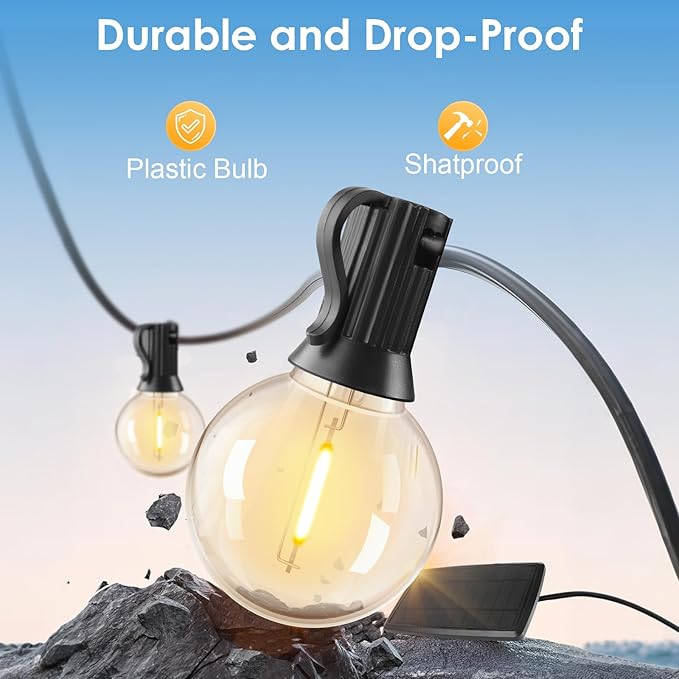 120FT Solar String Lights Outdoor Waterproof with Remote, G40 Solar Powered String Lights with 40+2 LED Shatterproof Bulbs, Dimmable Solar Patio Hanging Lights for Outside Backyard Party