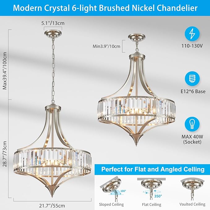 XINGQI Large Crystal Chandelier 21.6" Brushed Nickel Chandeliers for Dining Room, Rustic Farmhouse Pendant 6-Light with Round Metal Shade for Living Room Kitchen Bedroom Office
