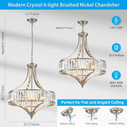 XINGQI Large Crystal Chandelier 21.6" Brushed Nickel Chandeliers for Dining Room, Rustic Farmhouse Pendant 6-Light with Round Metal Shade for Living Room Kitchen Bedroom Office