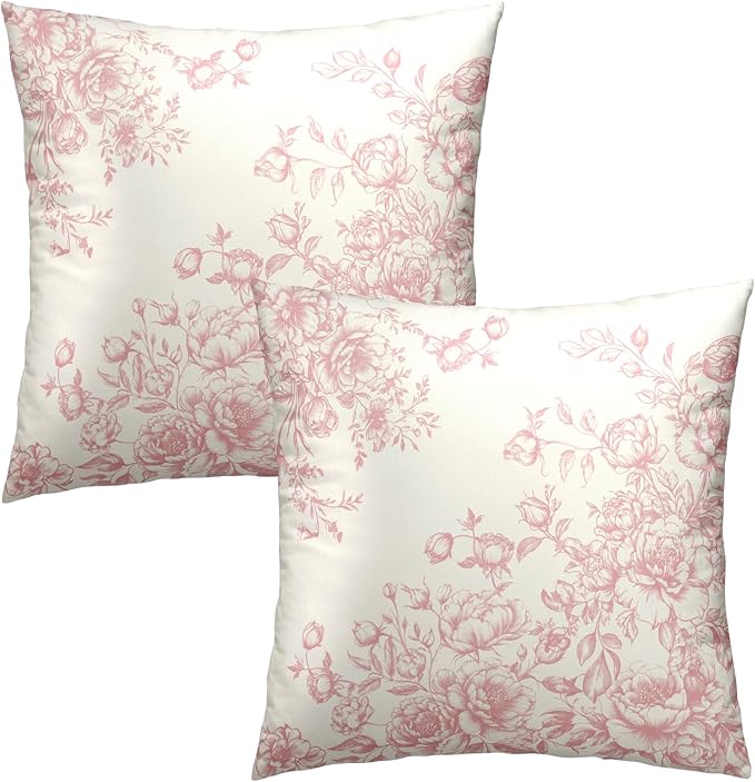 Pink Chinoiserie Throw Pillow Covers 22x22 Inch, Set of 2 Grand Millennial Style Floral Decorative Pillowcases Square Cushion Cover for Sofa Couch Bed Living Room Home Decor
