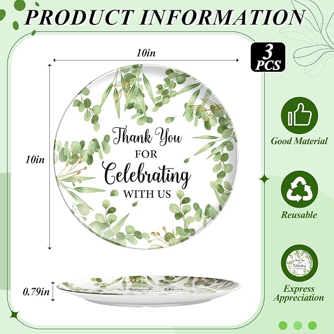 3Pcs Thank You Melamine Serving Tray 10 Inch Round Serving Platters Thank You for Celebrating with Us Food Tray for Wedding Birthday Baby Shower Party Favor Supplies