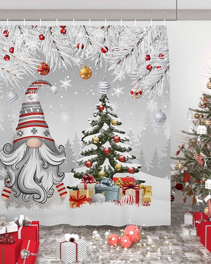Vandarllin Christmas Gnome Shower Curtain, Winter Merry Christmas Tree Balls Shower Curtains Set with Hooks, Grey Waterproof Fabric Bathroom Curtains Decor Home Accessories,72 X 78 Inch Long
