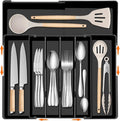 Silverware Organizer - Expandable Kitchen Drawer Organizer BPA-Free Silverware Drawer Organizer, Stackable Cutlery Tray for Forks, Knives, Slim Kitchen Organizers and Storage, Black, Large