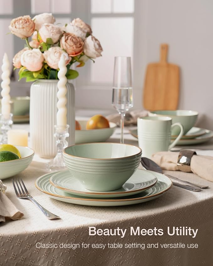 Famiware Jupiter Dinnerware Set, Plates and Bowls Dish Sets for 4 (12 Pieces), Microwave and Dishwasher Safe Stoneware Speckled Tableware, Chip and Scratch Resistant, Light Green
