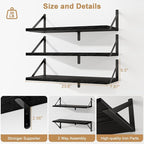 Fun Memories Floating Bookshelves, Set of 3 Wall-Mounted Wood Shelves 24" W x 8" D, Decorative Wall Shelf for Living Room, Bedroom, Bathroom, and Laundry Room (Black)