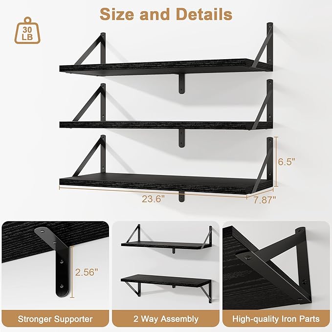 Fun Memories Floating Bookshelves, Set of 3 Wall-Mounted Wood Shelves 24" W x 8" D, Decorative Wall Shelf for Living Room, Bedroom, Bathroom, and Laundry Room (Black)