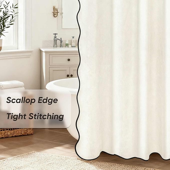 Scalloped Shower Curtain Linen Textured with 12 Metal Hooks Cute Modern Style, Washable Waterproof Cloth Shower Curtains with Black Border for Bathroom Decor Hotel Bathtub, Beige/Cream, 72x72