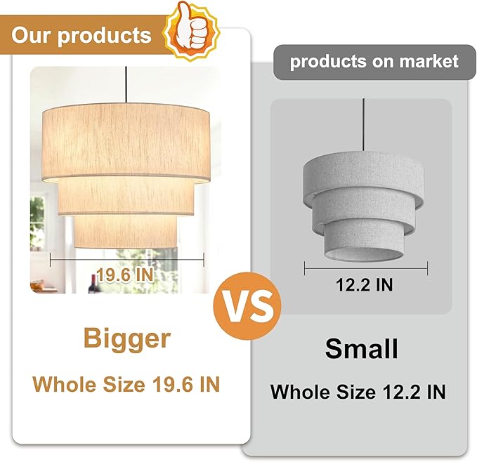 19.7" Linen Drum Pendant Light, Drum Light Chandelier Pendant Lights Kitchen Island Lighting, 3 Tier Large Farmhouse Pendant Hanging Light Dining Room Pendant Chandelier for Foyer Hallway