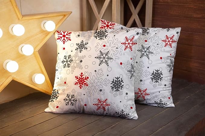 CAPSCEOLL 2PCS Red White Pillow Covers 16X16Inch Snowflake Abstract Big Ice Blizzard Christmas Gray Snow Sparkles Star Bedroom Pillow Covers for Bedroom Sofa Living Room Pillow Protectors with Zipper