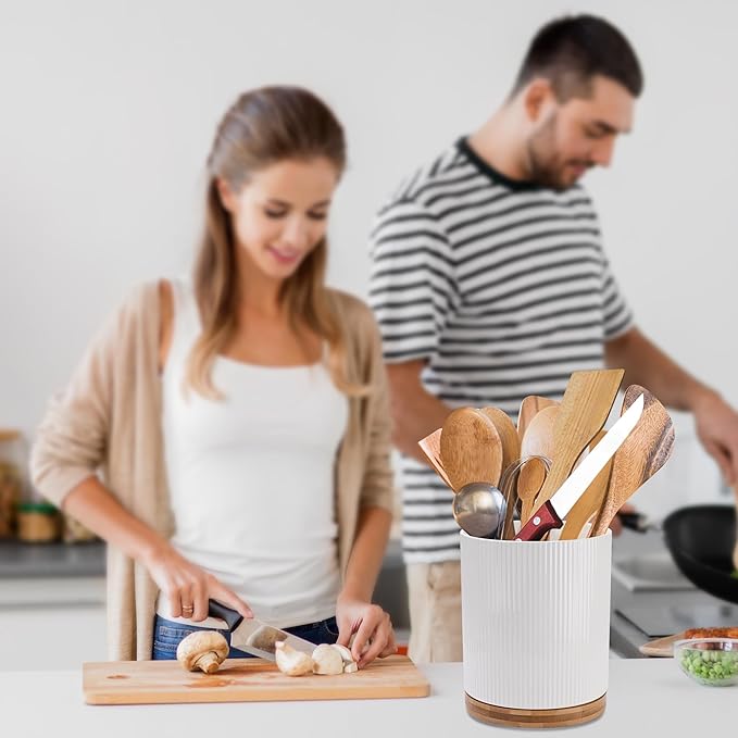 QUELIEN 360° Rotating Kitchen Utensil Holder for Countertop, Large Ceramic Utensil Crock Organizer with Non-Scratch Cork Base, Farmhouse White Cookware Storage Jar, Ideal Housewarming Gift