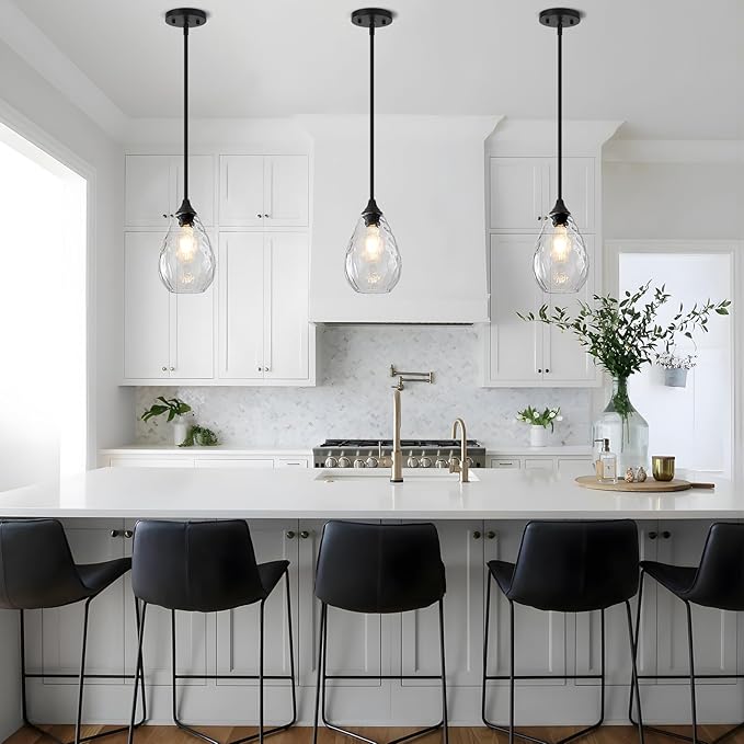 Glass Pendant Lights Kitchen Island, 1-Light Modern Black Pendant Light Fixtures with Hammered Glass and Rods, Small Hanging Light for Kitchen Sink Dining Room Bathroom