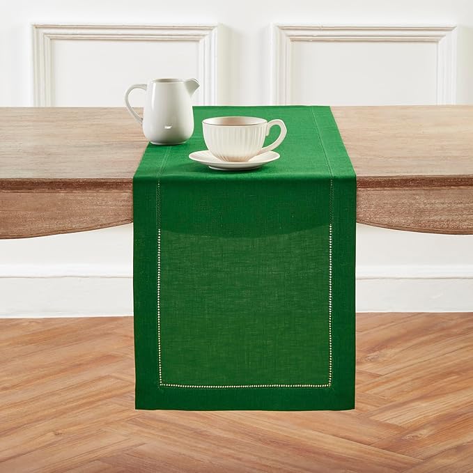 Solino Home Linen Table Runner 60 Inches - 100% Pure Linen Garden Green Hemstitch Table Runner 14 x 60 Inch Ideal for Dresser and Coffee Tables - Classic Hemstitch - Christmas
