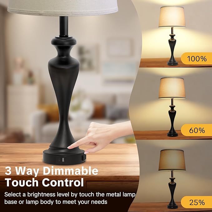 28.5" Tall Touch Table Lamp for Bedroom, Bedside Lamps with USB C+A & AC Port, 3 Way Dimmable Lamps for Night Stands, 2700K Black Farmhouse Bedroom Lamp for Living Room End Tables Office Desk