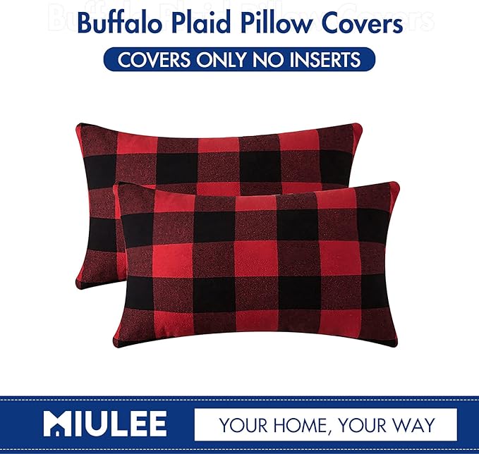 MIULEE Pack of 2 Christmas Classic Farmhouse Buffalo Check Plaids Polyester Linen Soft Solid Black and Red Decorative Porch Throw Pillow Covers Home Decor Cushion Case for Sofa Bedroom 12 x 20 Inch