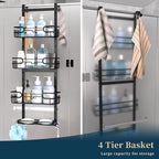 Consumest Over The Door Shower Caddy - 4 Tier Adjustable Hanging Shower Organizer Shelf with 2 Soap Holders & 22 Hooks, Rustproof Easy Installation Hanging Storage Rack for Bathroom, Black
