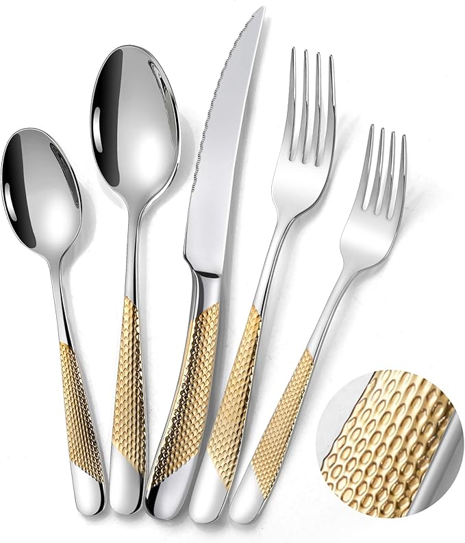 Lemeya 40-Piece Hammered Silver Gold Silverware Set for 8 with Serrated Forging Knives,18/10 Stainless Steel Modern Flatware Set,Unique Cutlery Set Spoons and Forks Set,Mirror Polished,Dishwasher Safe