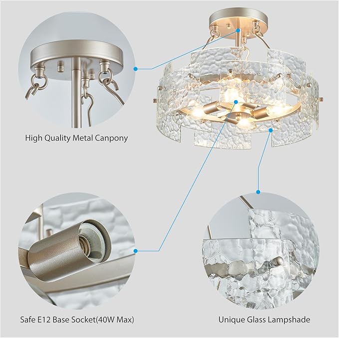 XINGQI Drum Ceiling Lights for Dining Room 4-Light Modern Farmhouse Water Ripple Glass Sliver Ceiling Lighting Fixture 15.7" Bedroom Living Room Hallway Entryway