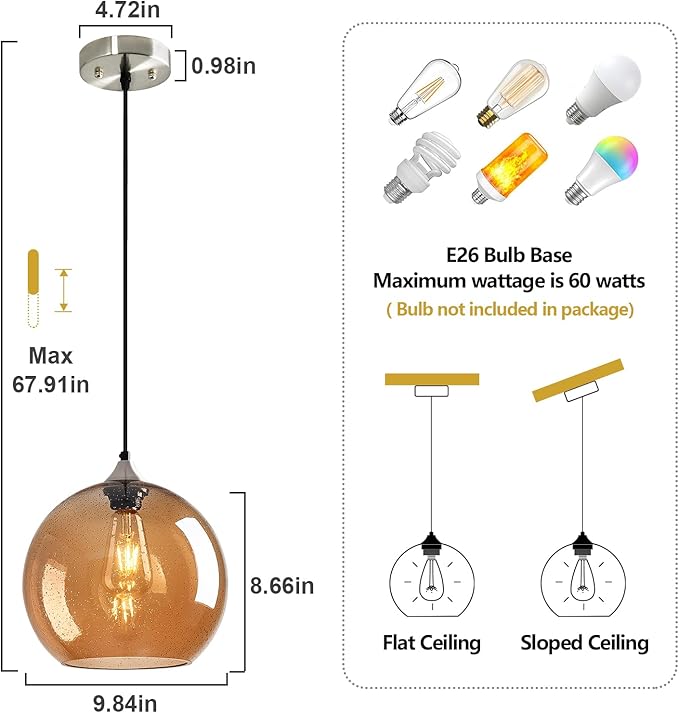 Amber Glass Pendant Lights Kitchen Island Globe Pendant Light Fixtures Modern Pendant Lighting for Bedroom Living Dining Room Light Fixture (9.84 in, 1 Pack)