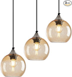 Light Brown Glass Pendant Lights Kitchen Island Globe Pendant Light Fixtures Modern Pendant Lighting for Bedroom Living Dining Room Light Fixture (5.9 in, 3 Pack)