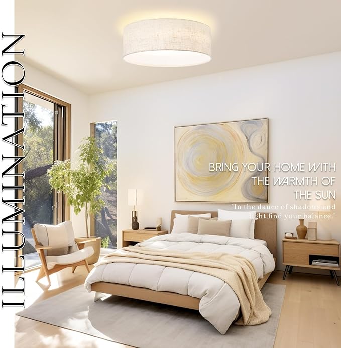 Hamilyeah LED Ceiling Light Flush Mount 24W, 12inch Kitchen Lighting Fixture Ceiling Mount with Fabric Shade, Dimmable Ceiling Lighting Fixture 5CCT for Bedroom, Bathroom, Living Room, Kitchen