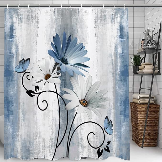Rustic Farmhouse Shower Curtain, Farm Blue Daisy Floral Flowers and Butterfly on Country Wooden Shower Curtain for Bathroom, Turquoise Blue Bathroom Shower Curtains with 12PCS Hooks, 70X75IN