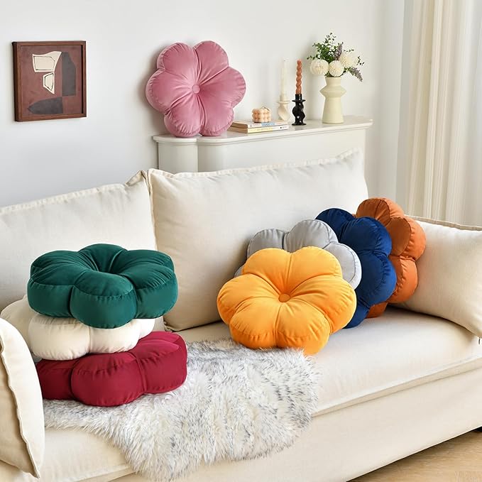 Xuyier Flower Pillow, Flower Shaped Pillow with Velvet for Couch Bed Chair Sofa, Home Decor Floor Seating Cushion Cute Throw Pillows for Living Room Bedroom (15 Inches, Caramel)