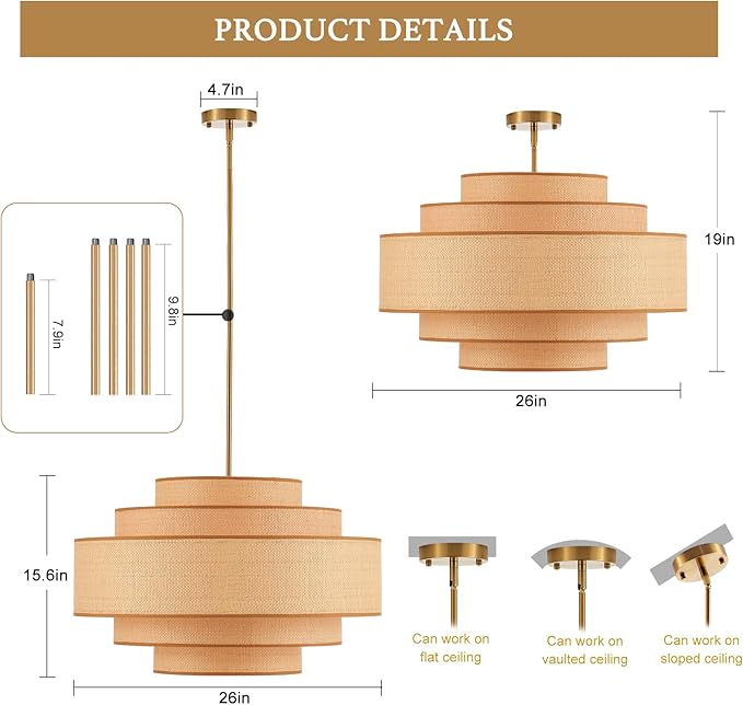 Farmhouse 26" Large Drum Rattan Chandelier 6-Lights Vintage Boho Rattan Chandelier Retro Vintage Bamboo Drum Chandeliers for Dining Room, Kitchen Island, Living Room, Bedroom