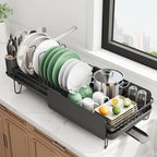 Large Dish Drying Rack - Expandable (19.3" to 29.4") Dish Rack for Kitchen Counter, Stainless Steel Dish Drainer with Utensil Holder, Pan Holder & Pot Lid Holder, Black