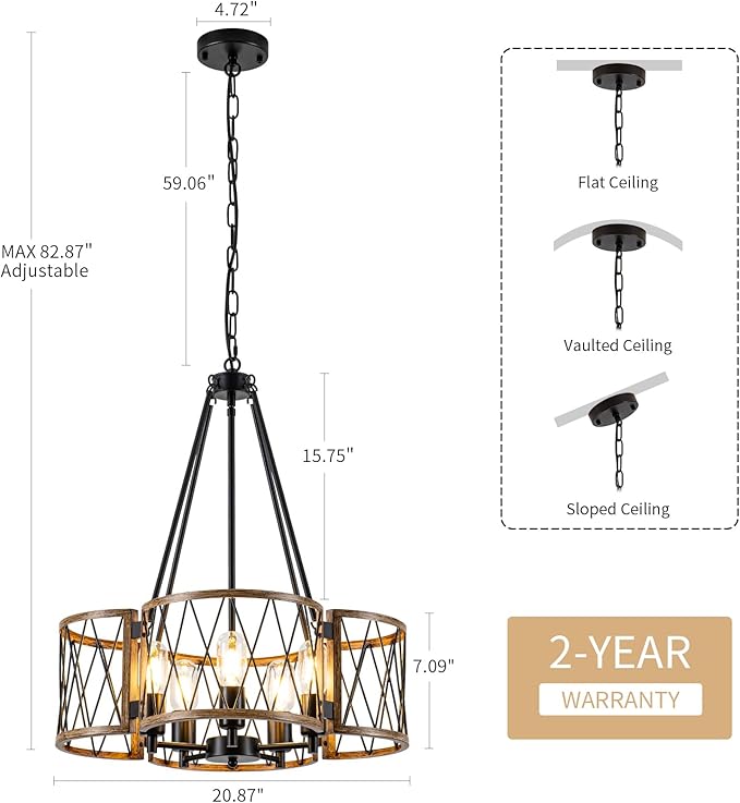 20.8'' Farmhouse Chandeliers for Dining Room, 5-Light Rustic Chandelier Wood Grain Metal Round Hanging Light Fixture, Vintage Drum Pendant Lights for Living Room, Bedroom, Kitchen, Entryway