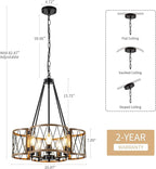 20.8'' Farmhouse Chandeliers for Dining Room, 5-Light Rustic Chandelier Wood Grain Metal Round Hanging Light Fixture, Vintage Drum Pendant Lights for Living Room, Bedroom, Kitchen, Entryway