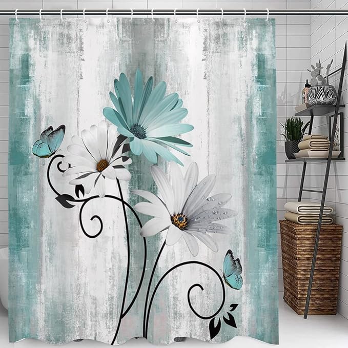 Rustic Farmhouse Shower Curtain, Farm Teal Daisy Floral Flowers and Butterfly on Country Wooden Shower Curtain for Bathroom, Turquoise Blue with 12PCS Hooks, 70X70IN