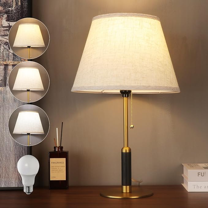 21" Bedside Lamps for Bedroom Living Room Modern Table Lamp Nightstand Lamp for End Tables 3-Color Temperatures Pull Chain Switch Wood Fabric for Home/Office/Desk Decor (Light Brown+Brass)