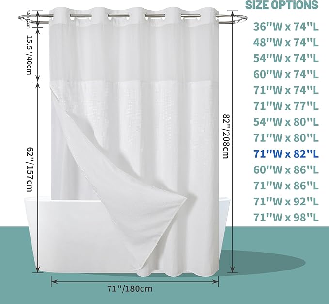 White No Hook Waffle Weave Shower Curtain with snap-in Liner Replacement, 230GSM Waterproof Fabric Hotel Shower Curtain Set for Bathroom, Through Mesh Top Window,71Wx82H