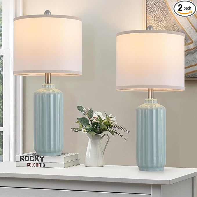 Lamp for Living Room Bedroom Lamps Farmhouse Table Lamps Set of 2 Vertical Stripe Ceramic Table Lamp,Linen Shade with Bulb, 25 in High,Light Blue
