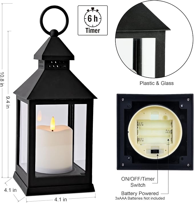 Vintage Lantern Decorative LED Flickering Flameless Candle with Timer, Battery Powered LED Decorative Hanging Lanterns for Indoor Outdoor Garden Yard Home Decor(1 Pack)